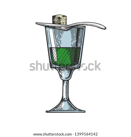 Absinthe alcohol narcotic drink color sketch engraving vector illustration. Scratch board style imitation. Black and white hand drawn image. Royalty-Free Stock Photo #1399564142