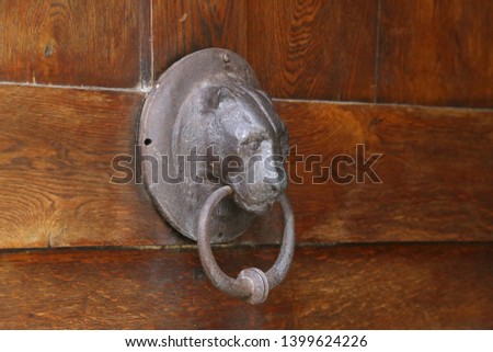 Antique metal handle on the wooden doors of the house