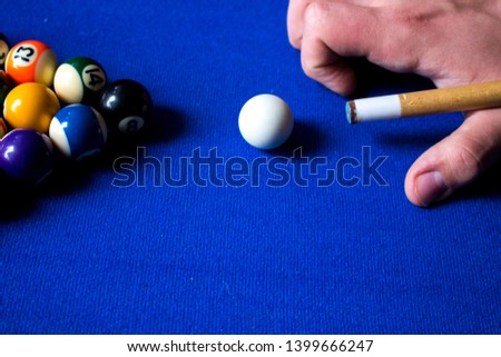 Pool billiard balls on blue table sport game set. Snooker, pool game. Game, hobbies for two people
