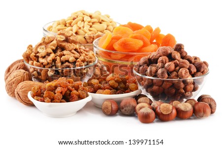 Composition with nuts and apricots isolated on white