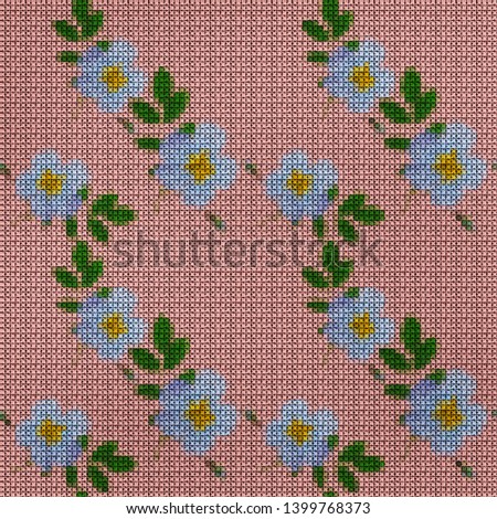 Illustration. Cross-stitch. Briar, wild rose. Texture of flowers. Seamless pattern for continuous replicate. Floral background, collage.