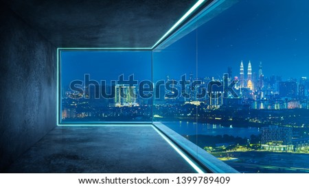 Empty loft unfurnished contemporary interior office with city skyline and buildings city from glass window . Royalty-Free Stock Photo #1399789409