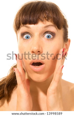 portrait of surprised woman on white background