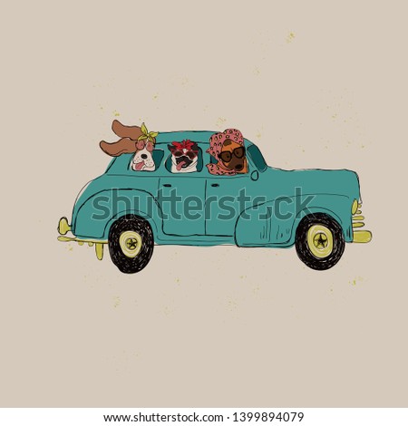 Illustration with cute dogs driving car. Funny greeting card, t-shirt design, print, sticker or poster.