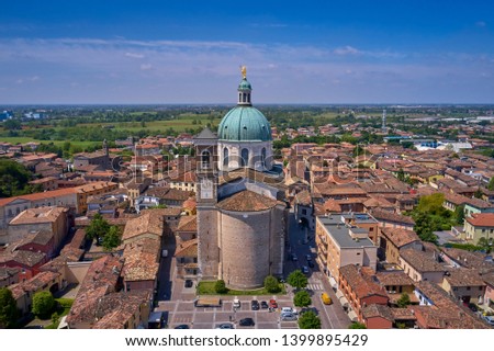 Aerial photography with drone. Church of Santa Maria Assunta in the city of Montichiari, Italy.