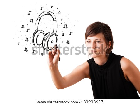 Young girl drawing headphone and musical notes isolated on white