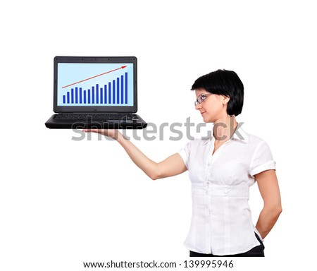 businesswoman holding laptop with chart