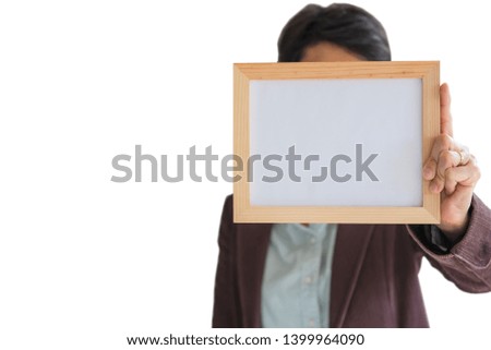 Blank wooden photo Frame in the woman's hand isolated on white background .Blank space for text and images of file with Clipping Path .