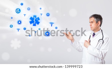 Middle aged doctor with blue medical icons