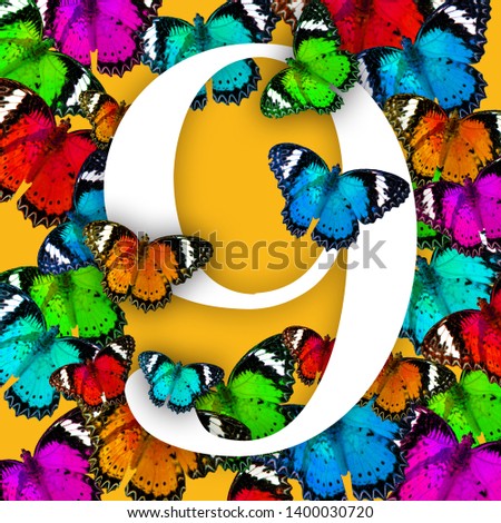 Nature concept. Creative white number with colorful butterflies on a yellow background. Creative typography with butterflies. Chapter in the presentation, template. 9 number nine.