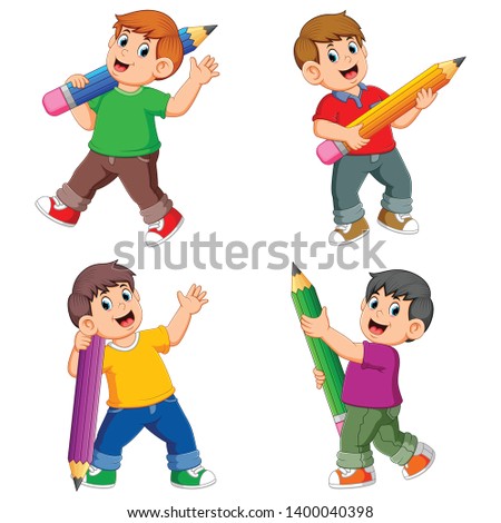 the collection of the boy holding the big pencil with the different posing
