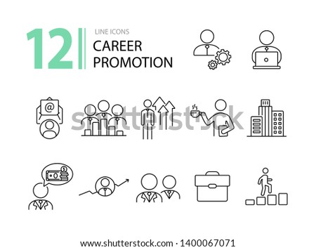 Career promotion line icon set. Employee, workplace, office building. Career concept. Can be used for topics like professional, leader, office worker
