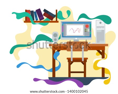 Illustration of a computer work desk with a bookshelf
