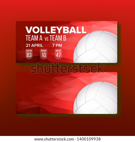 Red Coupon On Volleyball Game Template Vector. Coupon With Information Of Team Play, Date And Time Of Match, Gate, Raw And Seat Place. Design Ball On Ticket Invitation.