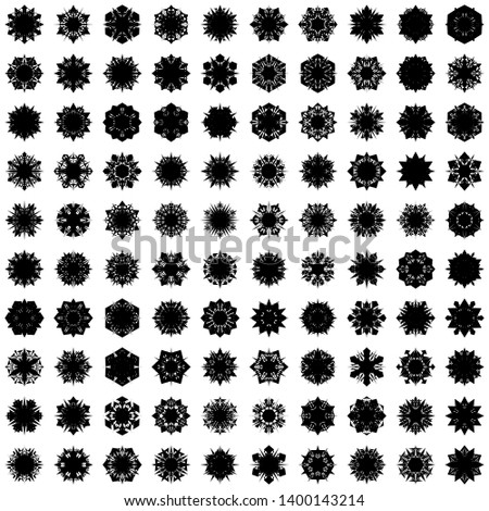 Black Flowers / Pseudo-Snowflakes on white background. Sharp set of 100 items. 6 (six) angles. - Vector