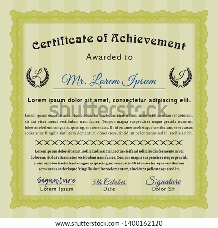 Yellow Awesome Certificate template. With great quality guilloche pattern. Sophisticated design. Vector illustration. 