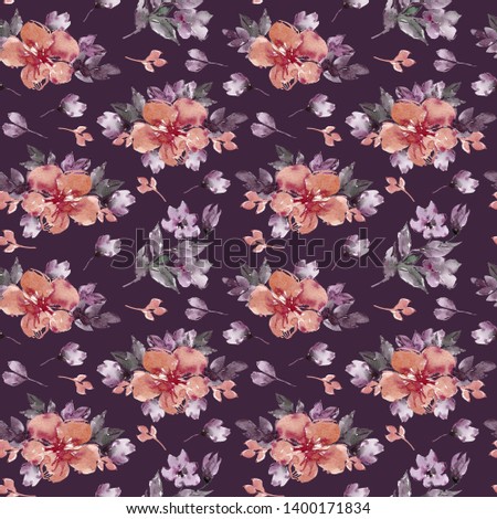 Watercolor hand painted floral seamless pattern on dark background. Perfect for flower scrapbooking paper, wedding invitations, anniversary, birthday, greeting cards, textile industry