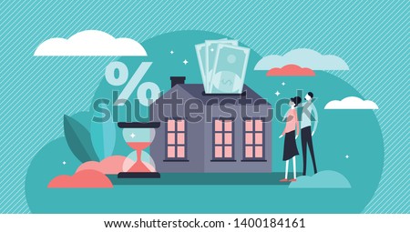 Mortgage vector illustration. Flat tiny house purchase debt persons concept. Buy real estate and pay credit to bank. Abstract ownership agreement visualization. Property money investment contract. Royalty-Free Stock Photo #1400184161