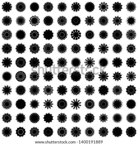 Black Flowers / Pseudo-Snowflakes on white background. Sharp set of 100 items. 11 (eleven) angles. - Vector