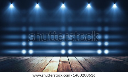 Background of empty dark scene with wooden old floor. Neon light smoke. Dark abstract background