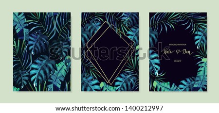 Summer set with tropical leaves on black background. Jungle design for posters, wedding cards, banners, invitations. Vector illustration Royalty-Free Stock Photo #1400212997