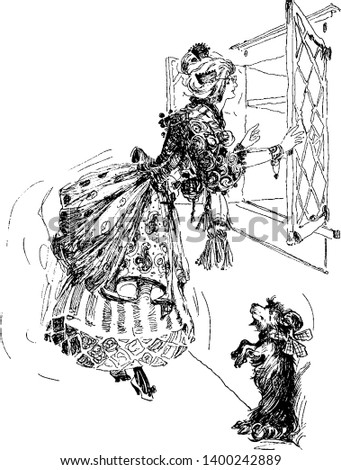 A woman looking out of window and dog standing near her, vintage line drawing or engraving illustration
