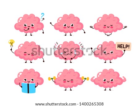 Cute happy brain set bundle.Healthy,unhealthy human organ.Vector flat cartoon character illustration mascot icon design.Nutrition,train your brain,mind care,fit,mindfulness,brain set character concept