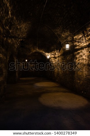 Dark corridors of old time castle dungeon light with few lamps