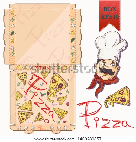 ready made layout of the box for food packaging pizza design in the style of contour drawing depicting the products used for cooking vector EPS10