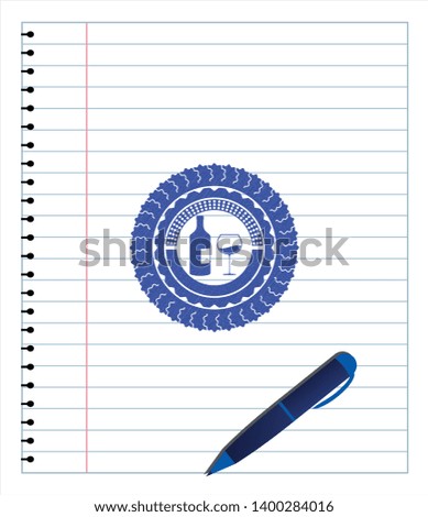 bottle and glass of wine icon blue ink pen emblem. Vector Illustration. Detailed.