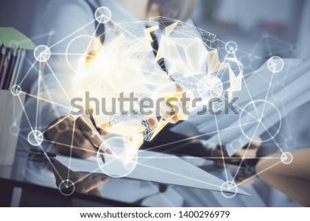 Multi exposure of woman's writing hand on background with brain hud. Concept of learning.