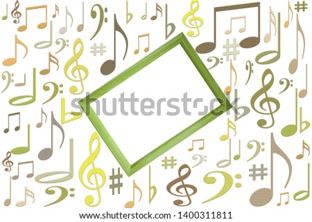 Music notes mockup on white background with wooden frame in center with free vlank copy space.