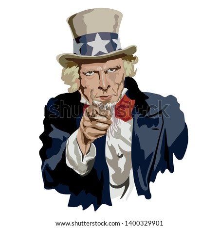 Portrait of Uncle Sam, historical character and famous symbol of the United States. He addresses himself to the American citizen so that he serves his homeland, pointing at him with an authoritarian a Royalty-Free Stock Photo #1400329901