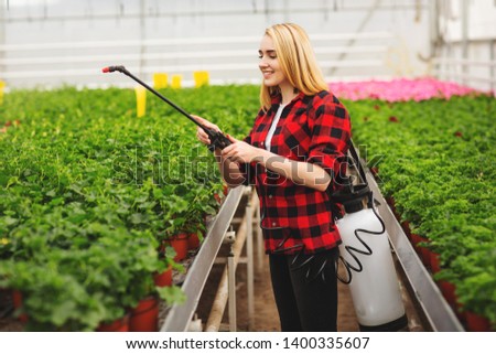 Girl sprays the plants. Girl working in greenhouses. Fertilizer plants