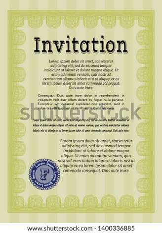 Yellow Retro invitation template. Money Pattern. Vector illustration. With background. 