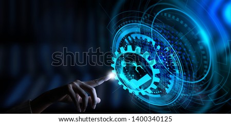 Engineer hand check and control welding robotics automatic arms icon with machine in intelligent factory automotive industrial with UI monitoring system software. Royalty-Free Stock Photo #1400340125