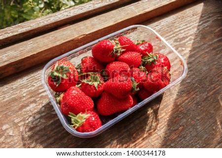 Fresh and ripe organic strawberry in a plastic container, which lies on a wooden background. time to harvest strawberries in the garden
