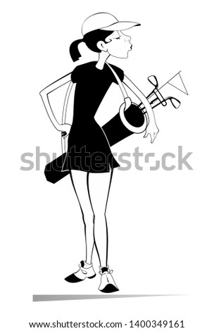 Young woman a golfer isolated illustration. Pretty young woman with bag of golf clubs on the golf course black on white
