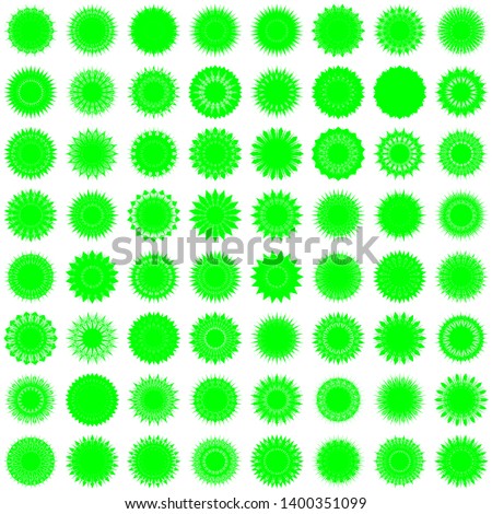 Green Flowers / Pseudo-Snowflakes on white background. Sharp set of 64 items. 18 (eighteen) angles. - Vector