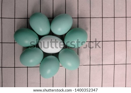 Colorful eight eggs on fabric pattern, Raw eight eggs on the fabric pattern,  Eight eggs in flower pattern put on fabric