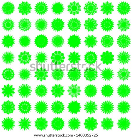 Green Flowers / Pseudo-Snowflakes on white background. Sharp set of 64 items. 10 (ten) angles. - Vector