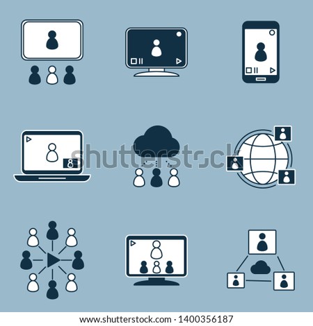 Colorful set of video conference and online communication icons in line style. Vector illustration. Virtual modern education