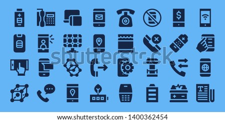 cell icon set. 32 filled cell icons. on blue background style Simple modern icons about  - Battery, Smartphone, Cells, Telephone, Selfie, Sms, Phone call, Responsive, Solar panel