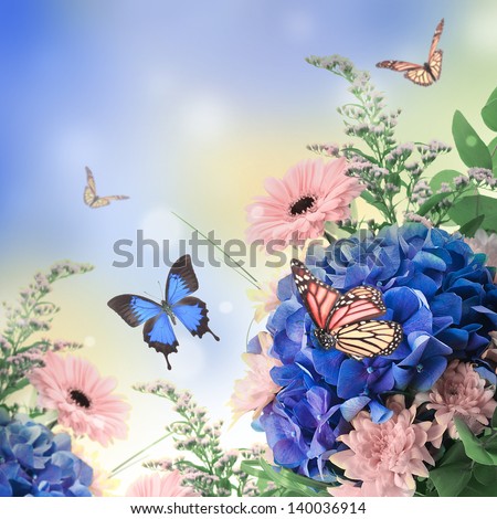Bouquet from blue hydrangeas and  butterfly, a flower background
