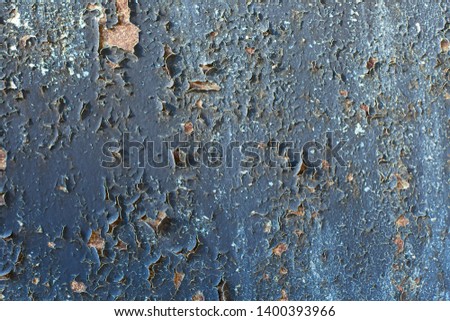 Grunge wall texture, iron rusty gates painted with white-blue-gray paint. Cracked paint on metal, background, blank for text. horizontal frame