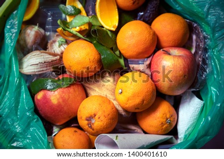 Food waste problem, leftovers Thrown into into the trash can. Spoiled food in refuse bin. Spoiled oranges and apples close up. Ecological issues. Garbage. Concept of food waste reduction. From above. Royalty-Free Stock Photo #1400401610