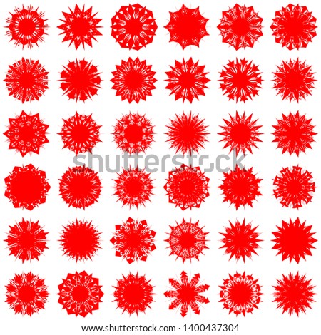 Red Flowers / Pseudo-Snowflakes on white background. Sharp set of 36 items. 9 (nine) angles. - Vector