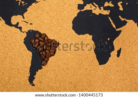 Brasil made of coffee beans on world map. Top view.