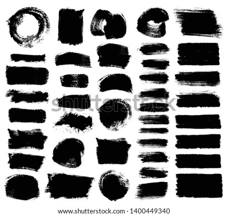 Brush strokes. Vector paintbrush set. Circle grunge design elements. Rectangle and square text boxes. Round dirty distress texture banners. Ink splatters. Grungy painted lines
