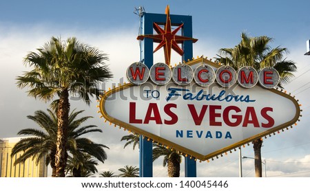 A large neon sign welcomes travelers to Las Vega Nevada USA